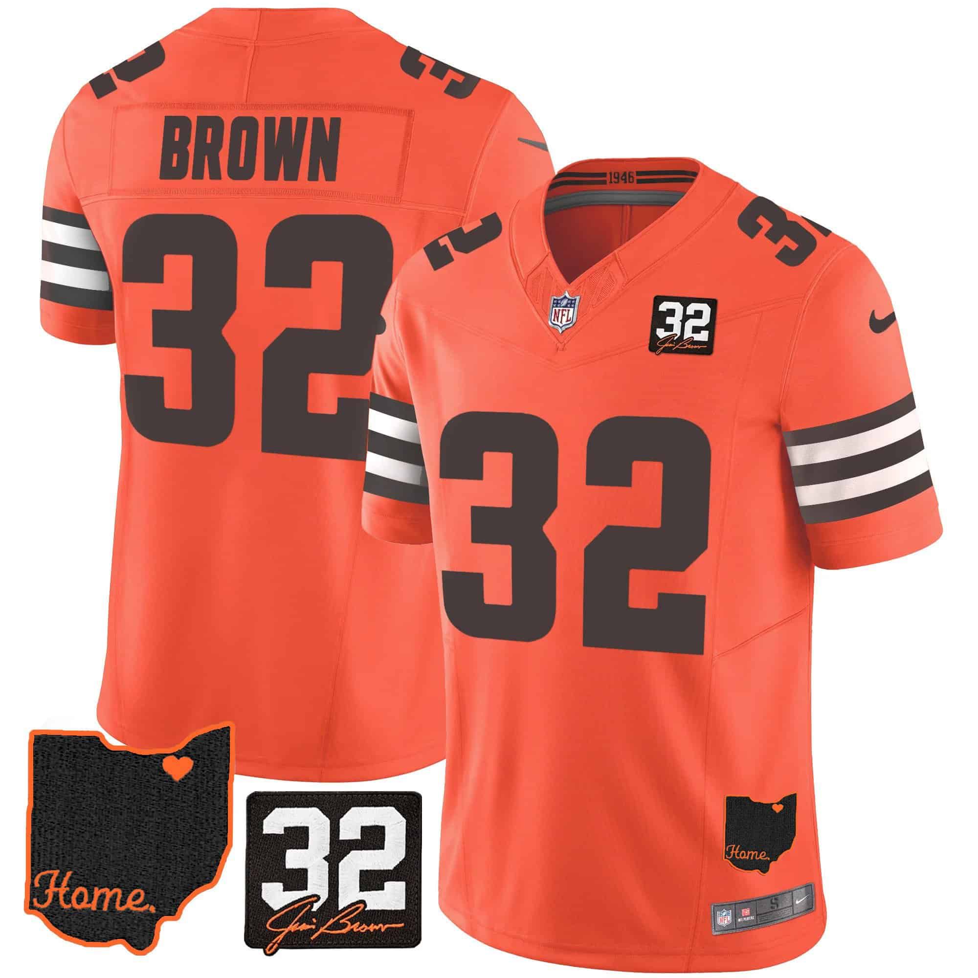 Men Cleveland Browns 32 Brown Orange Memorial Home Patch 2024 Nike NFL Jersey